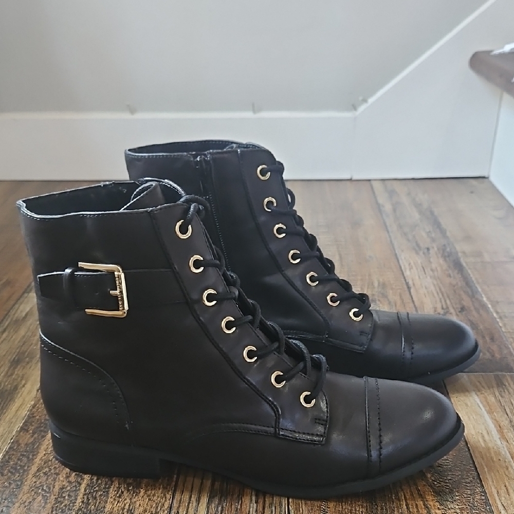 G by Guess Black Combat Boots with Gold Accents